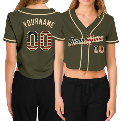 Cropped0281 Custom Women's Olive Vintage USA Flag-Cream Salute To Service V-Neck Cropped Baseball Jersey