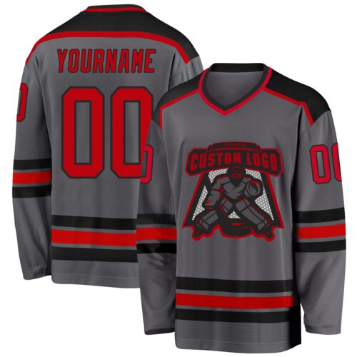 DarkGray0002 Custom Steel Gray Red-Black Hockey Jersey