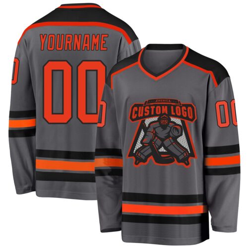 DarkGray0003 Custom Steel Gray Orange-Black Hockey Jersey