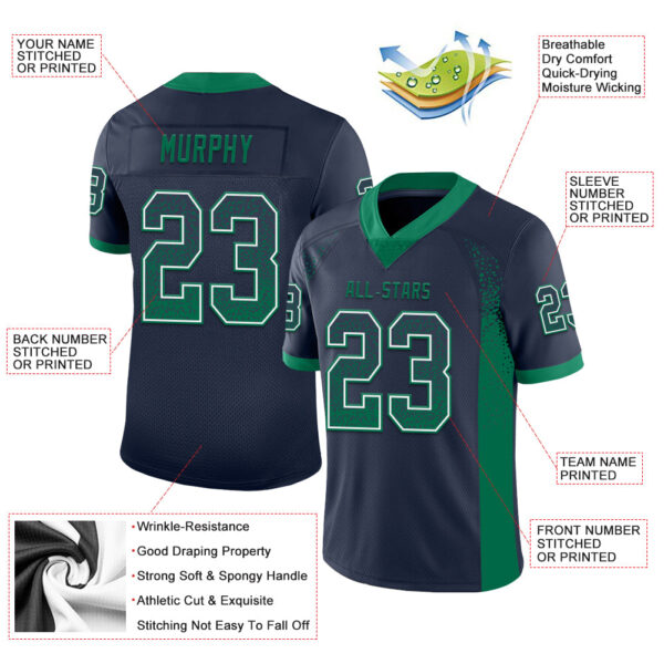 Custom Navy Kelly Green-White Drift Fashion Football Jersey
