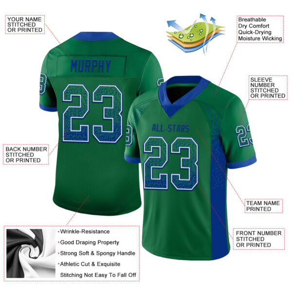 Custom Kelly Green Royal-White Drift Fashion Football Jersey