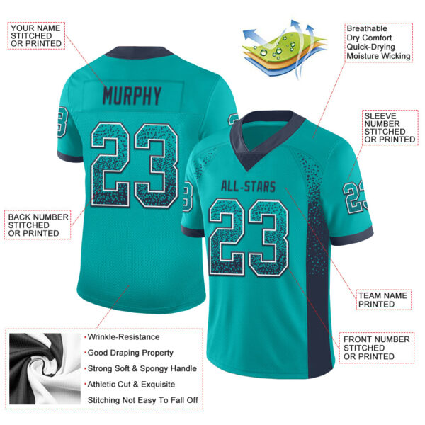 Custom Aqua Navy-White Drift Fashion Football Jersey