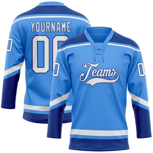 ElectricBlue0056 Custom Powder Blue White-Royal Hockey Lace Neck Jersey