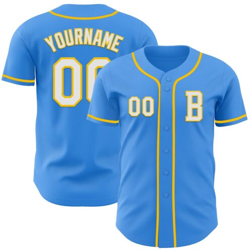 Custom Electric Blue White-Yellow Authentic Baseball Jersey