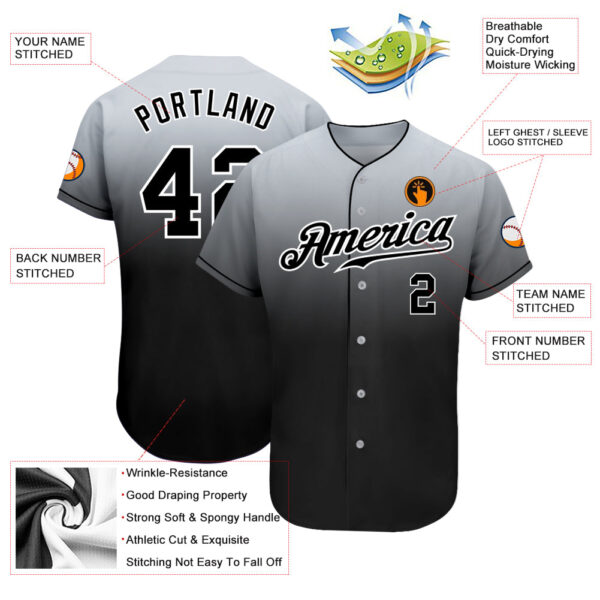 Custom Gray Black-White Authentic Fade Fashion Baseball Jersey