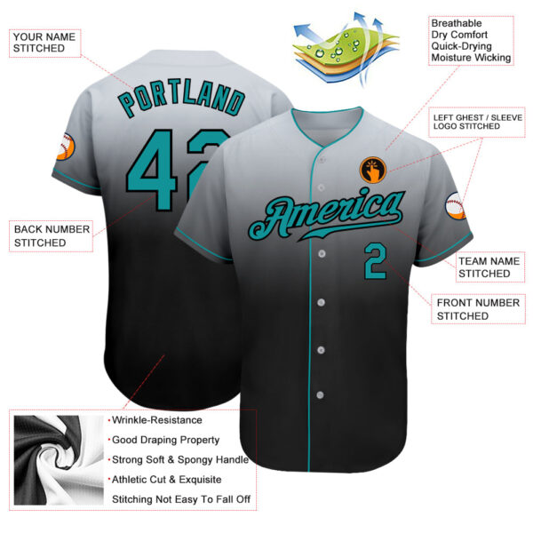 Custom Gray Teal-Black Authentic Fade Fashion Baseball Jersey