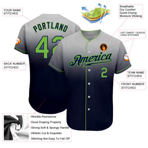 Custom Gray Neon Green-Navy Authentic Fade Fashion Baseball Jersey