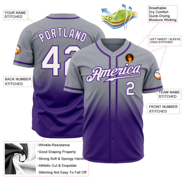 Custom Gray White-Purple Authentic Fade Fashion Baseball Jersey