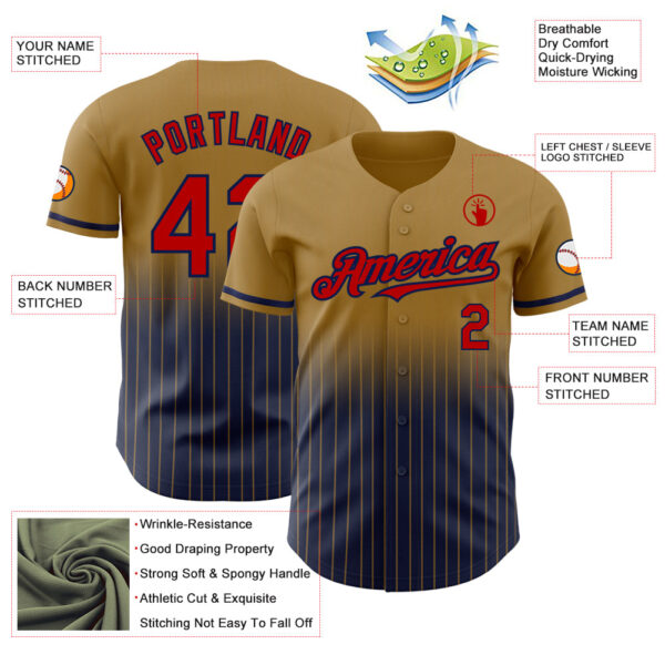 Custom Old Gold Pinstripe Red-Navy Authentic Fade Fashion Baseball Jersey