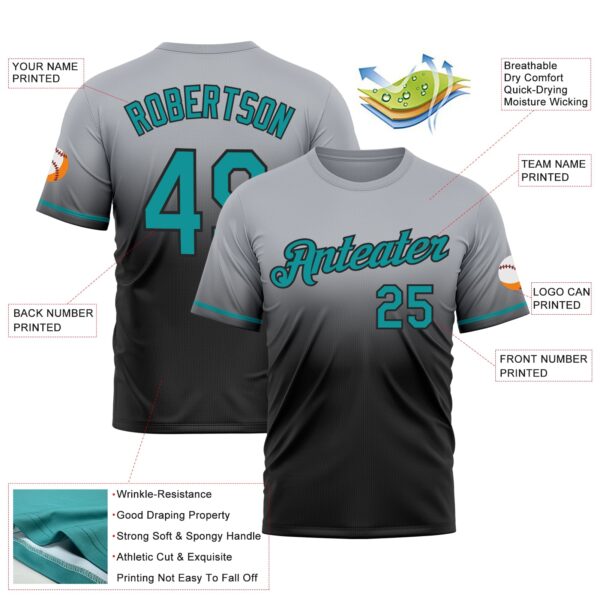 Custom Gray Teal-Black Fade Fashion Performance T-Shirt