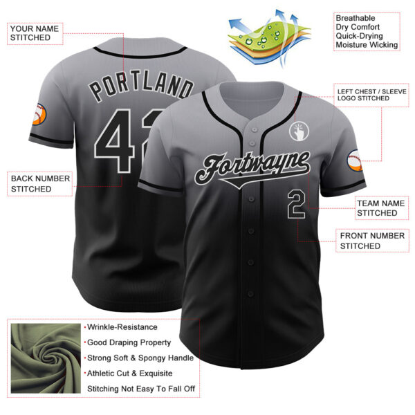Custom Gray Black-White Authentic Fade Fashion Baseball Jersey