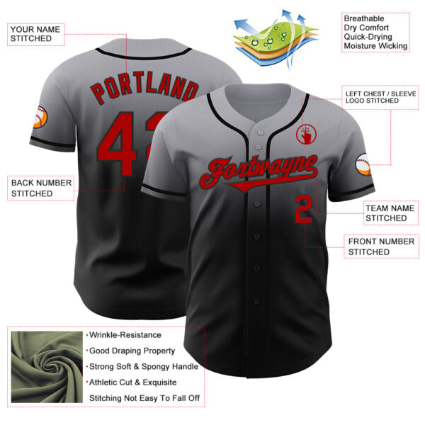 Custom Gray Red-Black Authentic Fade Fashion Baseball Jersey