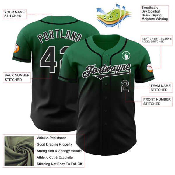 Custom Kelly Green Black-White Authentic Fade Fashion Baseball Jersey