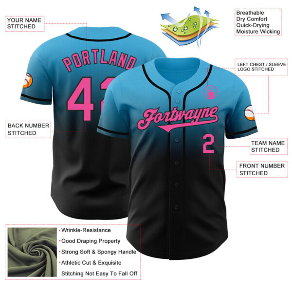 Custom Sky Blue Pink-Black Authentic Fade Fashion Baseball Jersey