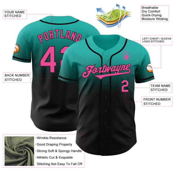 Custom Aqua Pink-Black Authentic Fade Fashion Baseball Jersey