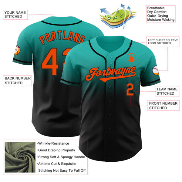 Custom Aqua Orange-Black Authentic Fade Fashion Baseball Jersey