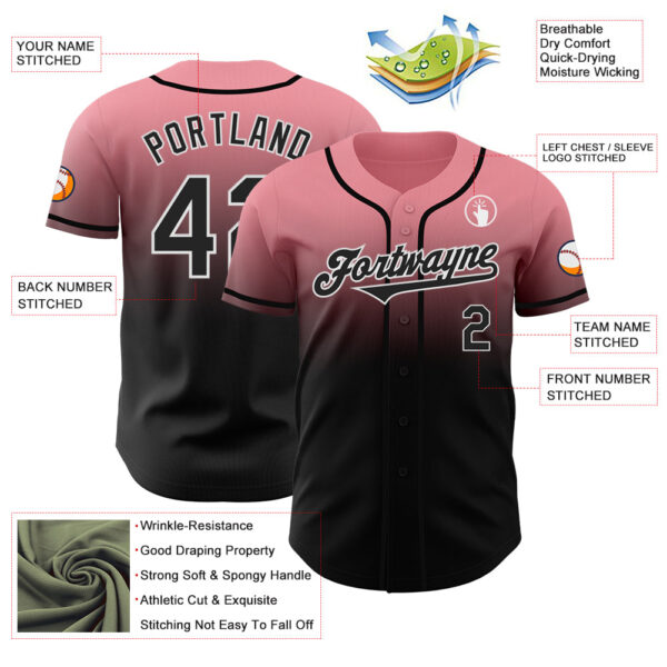 Custom Medium Pink Black-White Authentic Fade Fashion Baseball Jersey