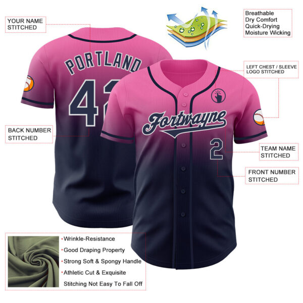 Custom Pink Navy-White Authentic Fade Fashion Baseball Jersey