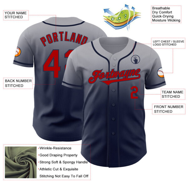 Custom Gray Red-Navy Authentic Fade Fashion Baseball Jersey