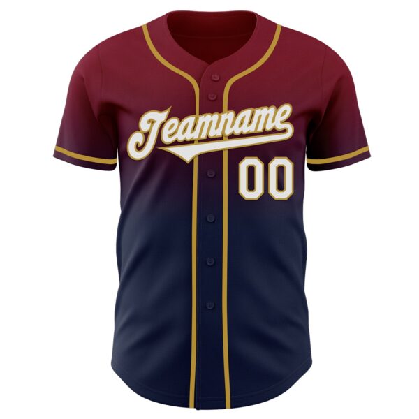 Custom Crimson Navy-Old Gold Authentic Fade Fashion Baseball Jersey