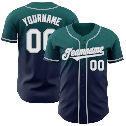 Custom Teal Navy-Gray Authentic Fade Fashion Baseball Jersey