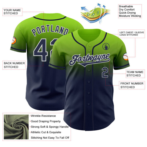 Custom Neon Green Navy-White Authentic Fade Fashion Baseball Jersey