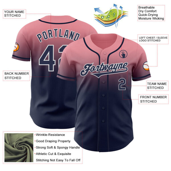 Custom Medium Pink Navy-White Authentic Fade Fashion Baseball Jersey
