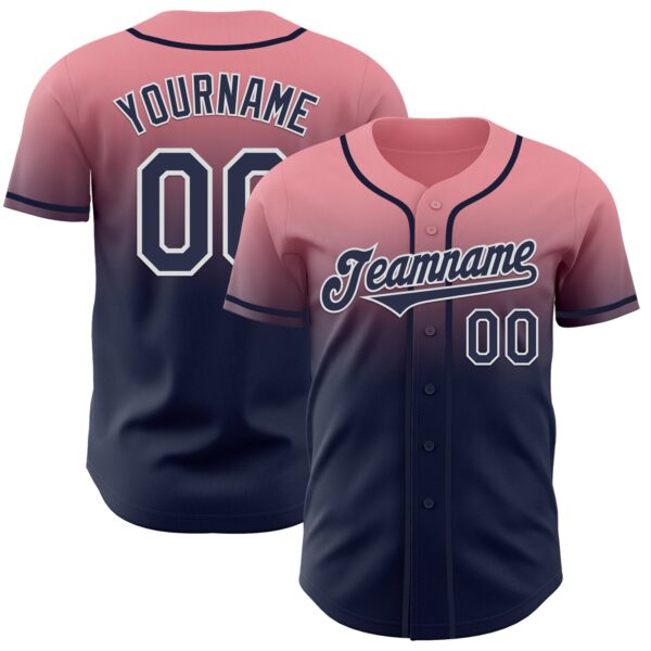 Custom Medium Pink Navy-White Authentic Fade Fashion Baseball Jersey