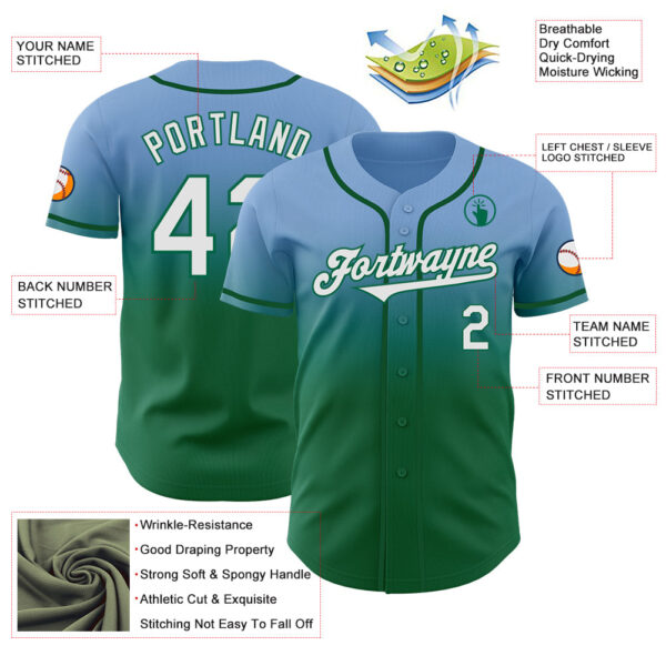 Custom Light Blue White-Kelly Green Authentic Fade Fashion Baseball Jersey