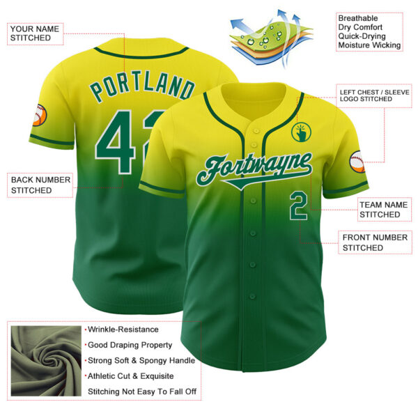 Custom Light Yellow Kelly Green-White Authentic Fade Fashion Baseball Jersey