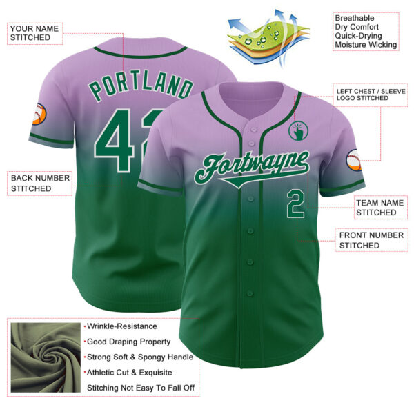 Custom Light Purple Kelly Green-White Authentic Fade Fashion Baseball Jersey