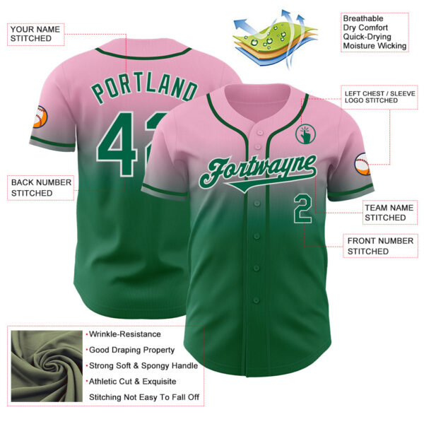 Custom Light Pink Kelly Green-White Authentic Fade Fashion Baseball Jersey