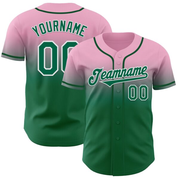 Custom Light Pink Kelly Green-White Authentic Fade Fashion Baseball Jersey