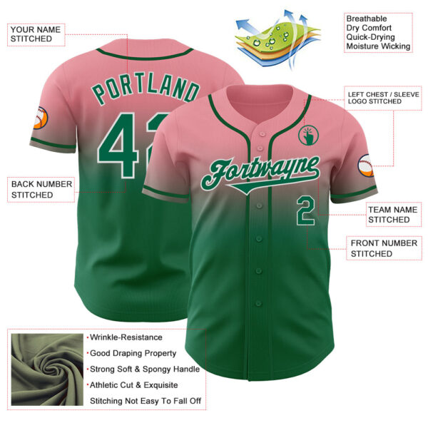 Custom Medium Pink Kelly Green-White Authentic Fade Fashion Baseball Jersey