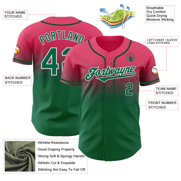 Custom Neon Pink Kelly Green-White Authentic Fade Fashion Baseball Jersey