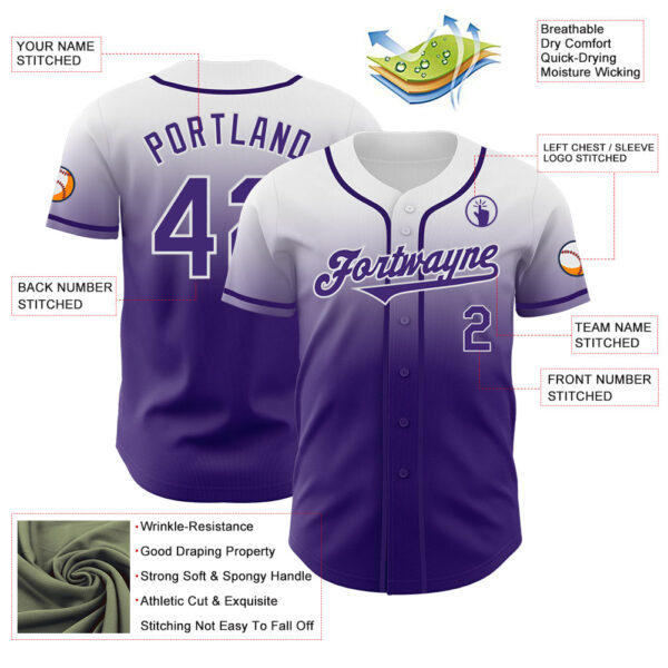 Custom White Purple Authentic Fade Fashion Baseball Jersey