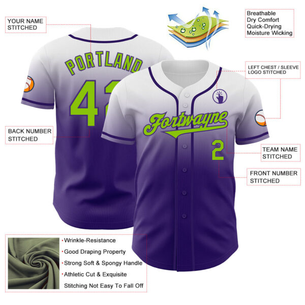 Custom White Neon Green-Purple Authentic Fade Fashion Baseball Jersey