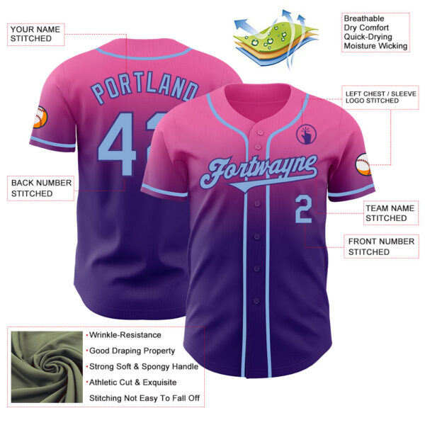 Custom Pink Light Blue-Purple Authentic Fade Fashion Baseball Jersey