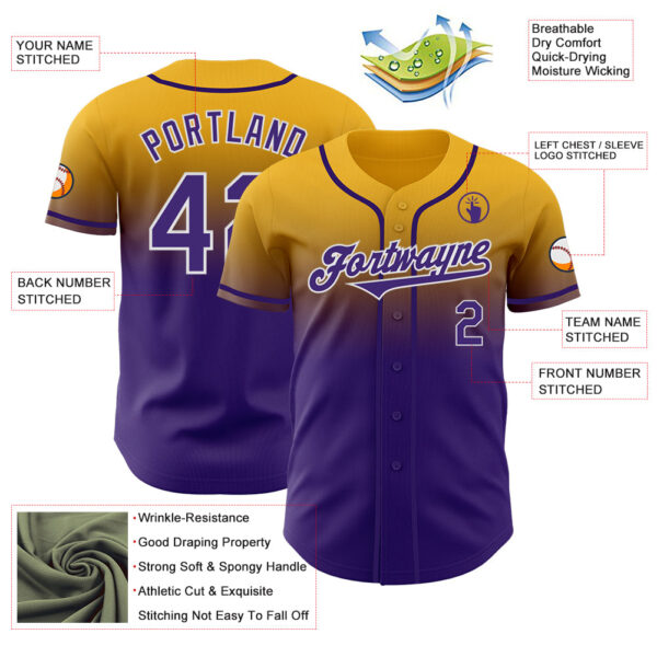 Custom Gold Purple-White Authentic Fade Fashion Baseball Jersey