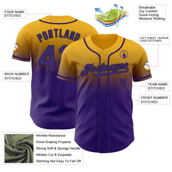 Custom Gold Purple-Black Authentic Fade Fashion Baseball Jersey