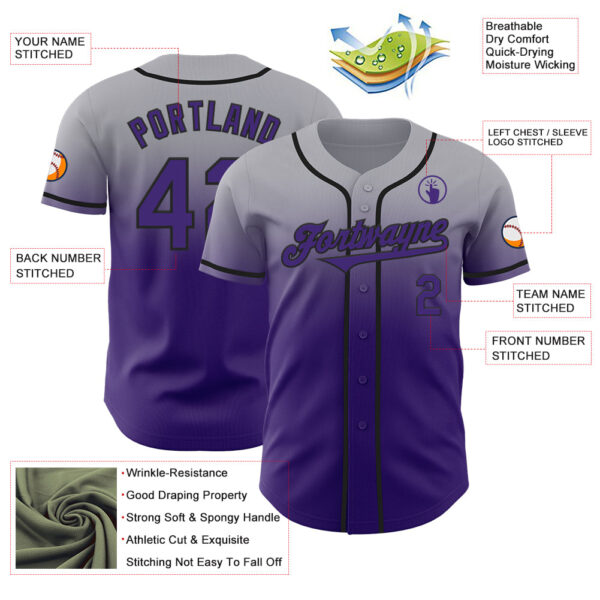 Custom Gray Purple-Black Authentic Fade Fashion Baseball Jersey