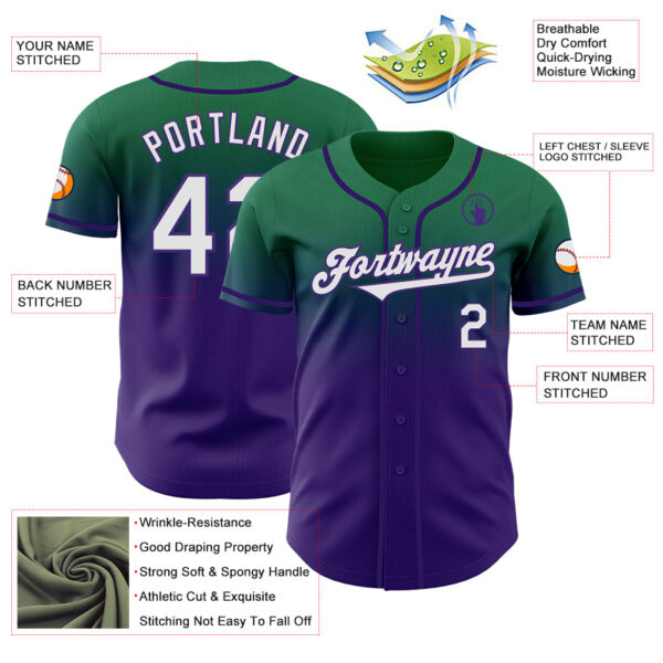 Custom Kelly Green White-Purple Authentic Fade Fashion Baseball Jersey