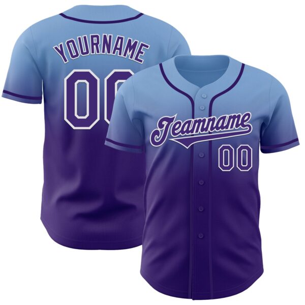 Custom Light Blue Purple-White Authentic Fade Fashion Baseball Jersey