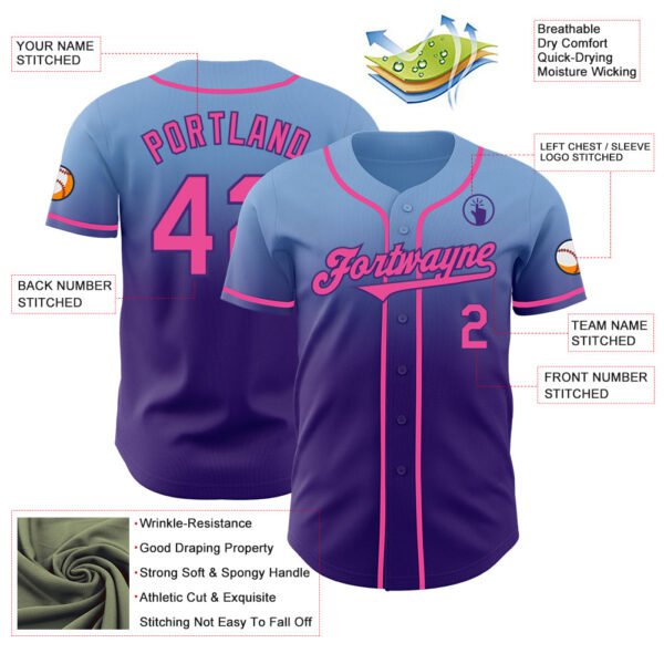 Custom Light Blue Pink-Purple Authentic Fade Fashion Baseball Jersey