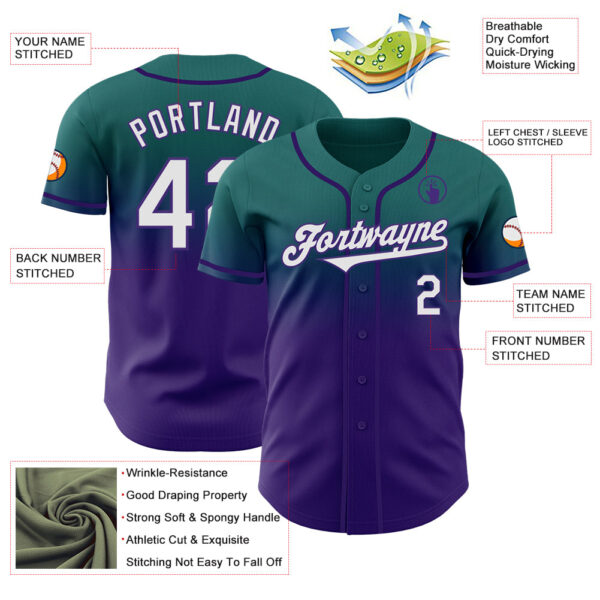 Custom Teal White-Purple Authentic Fade Fashion Baseball Jersey