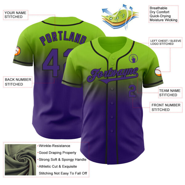 Custom Neon Green Purple-Black Authentic Fade Fashion Baseball Jersey