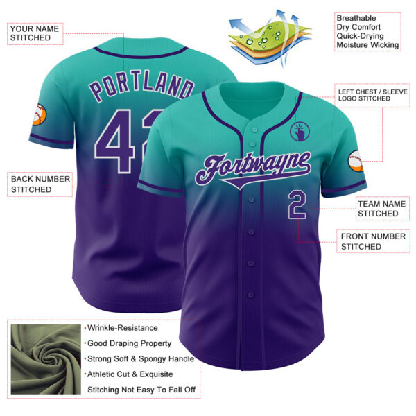 Custom Aqua Purple-White Authentic Fade Fashion Baseball Jersey