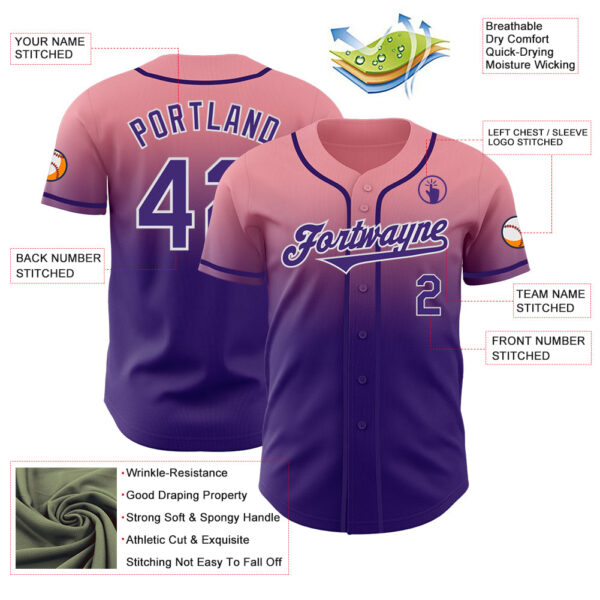 Custom Medium Pink Purple-White Authentic Fade Fashion Baseball Jersey