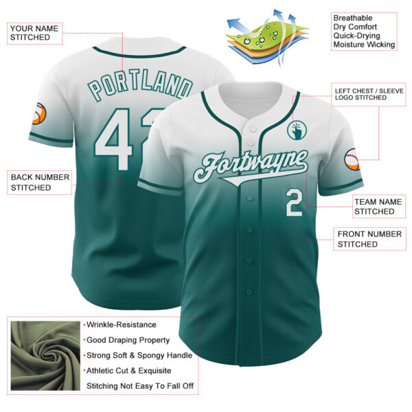 Custom White Teal Authentic Fade Fashion Baseball Jersey