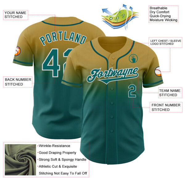 Custom Old Gold Teal-White Authentic Fade Fashion Baseball Jersey